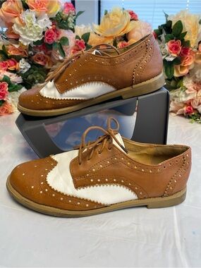 Ollio Oxford M2913 Wingtip Two-Tone Lace-Up Brown White Size 7.5
